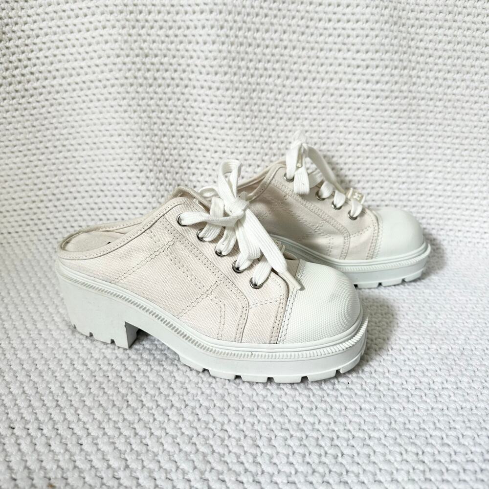 Mudd Y2K White Canvas Lug Sole Platform Square Toe Mule Slip On Lace Up Shoes 7